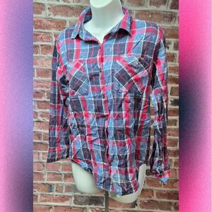 Hippie Laundry Acid Plaid Button Down Shirt – Women’s Size Small Blue Red NEW